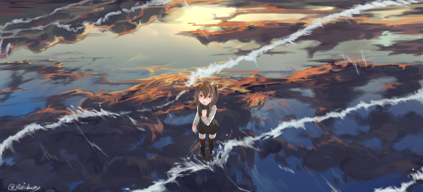 1girl :d absurdres bike_shorts black_legwear black_skirt brown_eyes brown_hair clouds corset hair_between_eyes hand_on_own_chest headband headgear highres kantai_collection long_sleeves looking_at_viewer looking_up mugcup ocean open_mouth pleated_skirt reflection shoes short_hair skirt smile solo taihou_(kantai_collection) thigh-highs twitter_username water waves