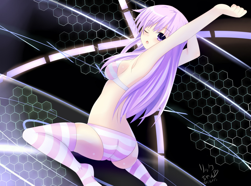 1girl absurdres armpits ass bra breasts highres hoshizora_rick long_hair looking_at_viewer nepgear neptune_(series) one_eye_closed open_mouth panties purple_hair shin_jigen_game_neptune_vii sideboob solo striped striped_bra striped_legwear striped_panties thigh-highs underwear violet_eyes wink