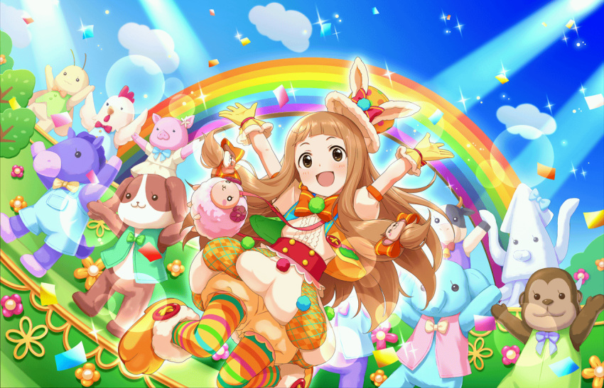 1girl :d animal_costume animal_ears arms_up artist_request bangs bloomers blunt_bangs blush bowtie brown_eyes brown_hair bubble_skirt chicken_costume cow_costume dog_costume dress elephant_costume gloves hair_ribbon hat horse_costume ichihara_nina idolmaster idolmaster_cinderella_girls long_hair monkey_costume official_art open_mouth pantyhose paw_shoes pig_costume puffy_sleeves rabbit_ears rainbow ribbon shoes skirt smile solo squid_costume striped striped_legwear stuffed_animal stuffed_sheep stuffed_toy top_hat underwear yellow_gloves