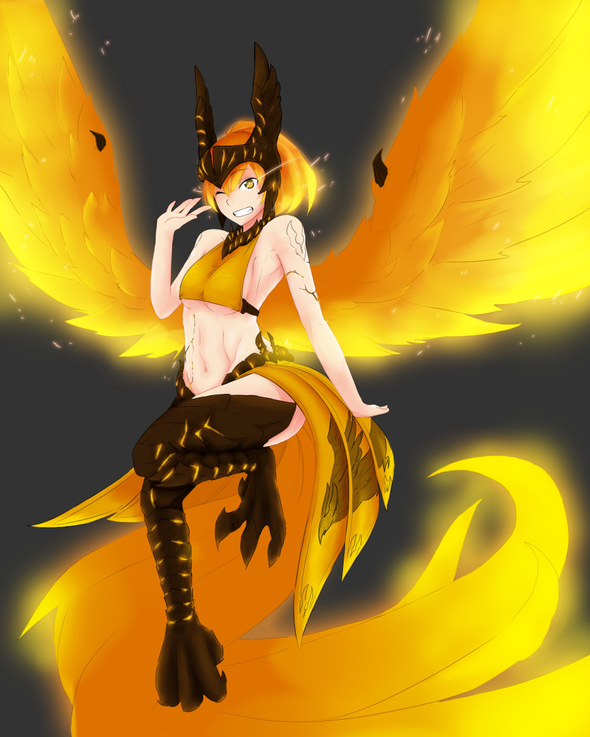 1girl ;) absurdres bare_shoulders breasts character_request copyright_request feathered_wings glowing glowing_tail glowing_wings grin halterneck highres less looking_at_viewer midriff monster_girl navel one_eye_closed orange_hair phoenix_wings short_hair small_breasts smile solo talons tattoo under_boob wings yellow_eyes