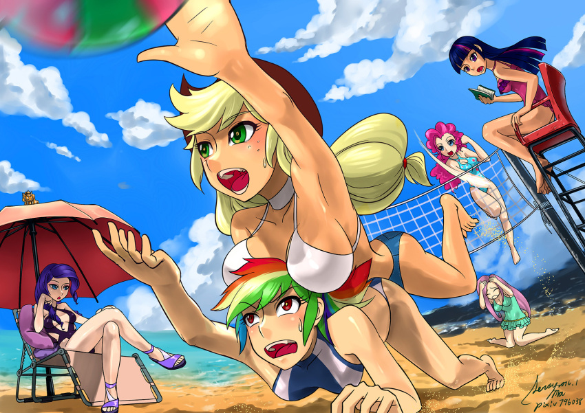 applejack ball beachball commentary_request fluttershy highres my_little_pony my_little_pony_equestria_girls my_little_pony_friendship_is_magic pinkie_pie rainbow_dash rarity swimsuit twilight_sparkle volleyball