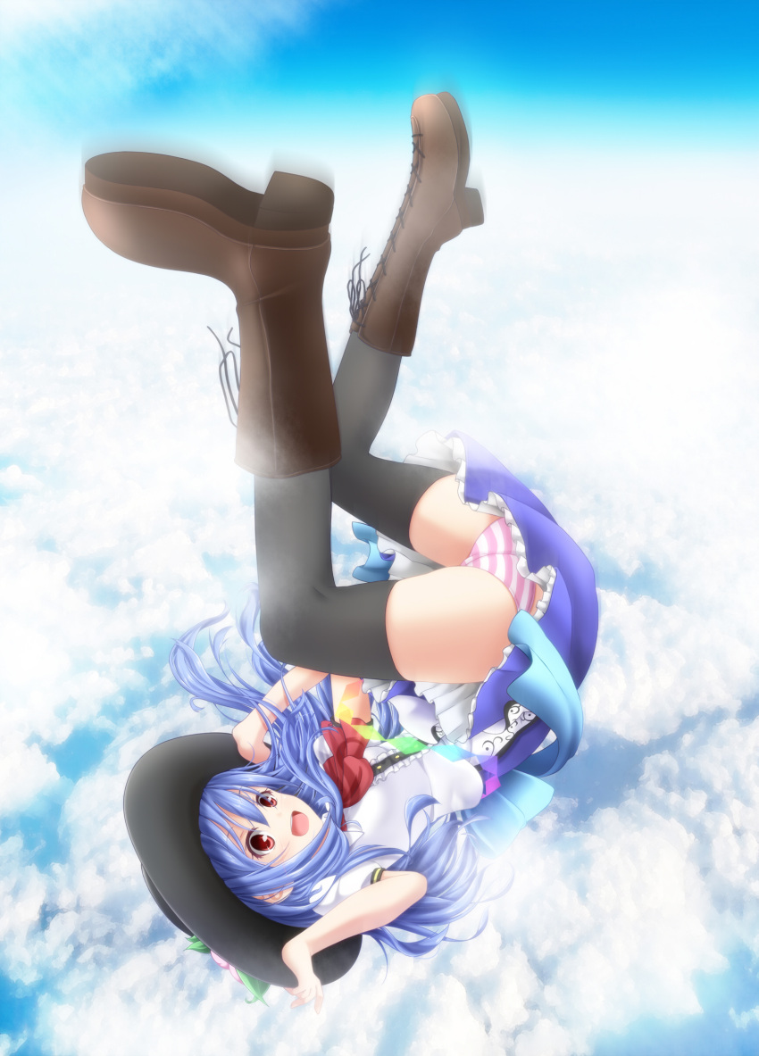 1girl :d absurdres blue_hair blue_sky clouds cloudy_sky evandragon hat highres hinanawi_tenshi long_hair looking_at_viewer open_mouth panties pantyshot red_eyes sky smile solo striped striped_panties touhou underwear