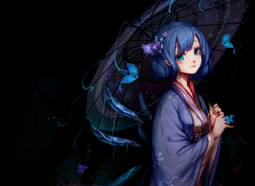 1girl alternate_costume blue_eyes blue_hair butterfly_on_hand cirno darkness floral_print flower hair_flower hair_ornament highres ice ice_wings japanese_clothes kimono kiyomasa_ren looking_at_viewer oriental_umbrella smile solo touhou umbrella wide_sleeves wings