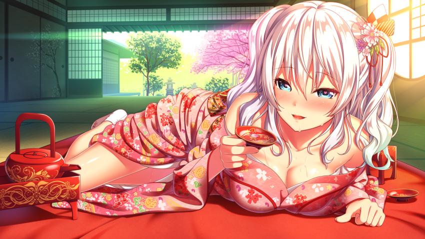 1girl :d alcohol bare_shoulders blue_eyes blush bow bowl box breasts building bush cherry_blossoms cleavage collarbone door floral_print flower full_body hair_bow hair_flower hair_ornament hairpin heart heart-shaped_pupils highres house indoors japanese_clothes kantai_collection kashima_(kantai_collection) kimono lantern large_breasts light_rays lying nazu-na off_shoulder on_stomach open_clothes open_kimono open_mouth plant pot sake sash short_hair side_slit silver_hair sliding_doors smile socks solo stone_lantern sunlight symbol-shaped_pupils thighs tree wavy_hair wet white_legwear window