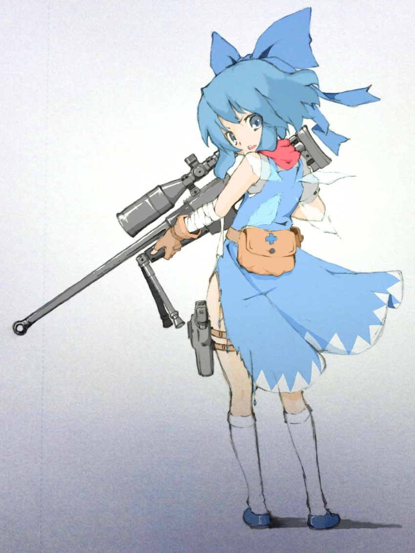 1girl anti-materiel_rifle bdsm blue_dress blue_eyes blue_hair bondage bound bow cirno dress fingerless_gloves gloves gun hair_bow highres ice ice_wings looking_at_viewer open_mouth pgm_hecate_ii ribbon rifle ru_bibi scarf short_hair sniper_rifle solo touhou weapon wings