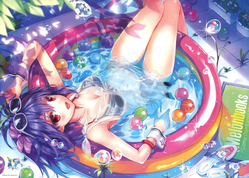 1girl absurdres arm_up bikini black_bikini bracelet breasts cleavage collarbone highres hose huge_filesize jewelry kuroya_shinobu long_hair looking_at_viewer lying melonbooks o-ring_bikini outdoors partially_submerged pink_eyes purple_hair reclining scan see-through shirt side-tie_bikini solo sparkle sunglasses sunglasses_on_head swimsuit wading_pool water_droplets wet wet_clothes wet_shirt wrist_cuffs