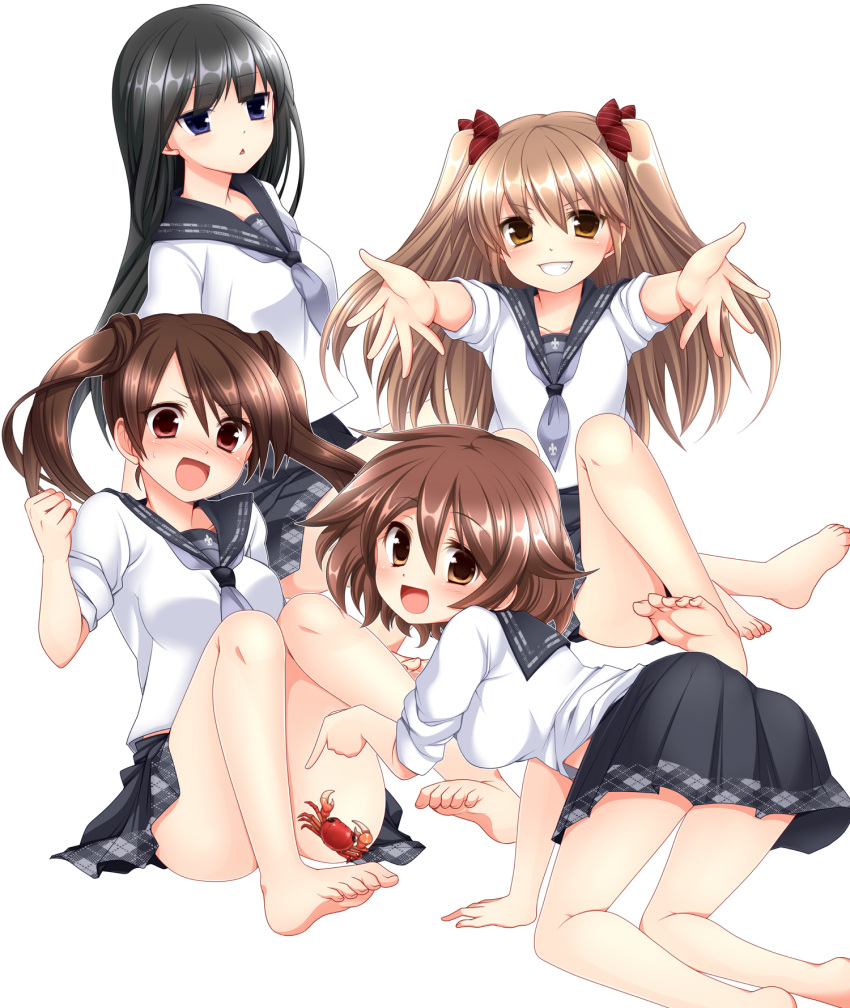 4girls :d all_fours barefoot black_hair blue_eyes blush brown_eyes brown_hair crab feet grin highres kosumo legs long_hair multiple_girls open_mouth original outstretched_arms pleated_skirt red_eyes school_uniform serafuku short_hair simple_background sitting skirt smile soles sweatdrop toes twintails white_background