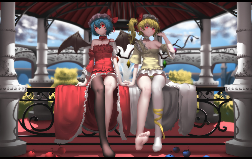 2girls alternate_costume apple arm_at_side arms_at_sides asymmetrical_sleeves bangs bare_shoulders barefoot bat_wings black_legwear black_wings blonde_hair blue_apple blurry bow bow_panties breasts bridge bush carpet choker cleavage clouds crystal depth_of_field detached_sleeves flandre_scarlet food fountain frills fruit gloves glowing glowing_eyes hair_between_eyes hat hat_bow highres hk_(hk) holding_hands letterboxed long_hair long_skirt looking_at_viewer mob_cap multiple_girls no_shoes panties pantyshot pantyshot_(sitting) pillar pink_lips railing red_bow red_eyes red_panties red_skirt remilia_scarlet shadow short_hair siblings side_ponytail single_glove single_thighhigh sisters sitting skirt skirt_set sky smile thigh-highs touhou underwear upskirt vampire white_gloves white_legwear white_skirt wings yellow_panties