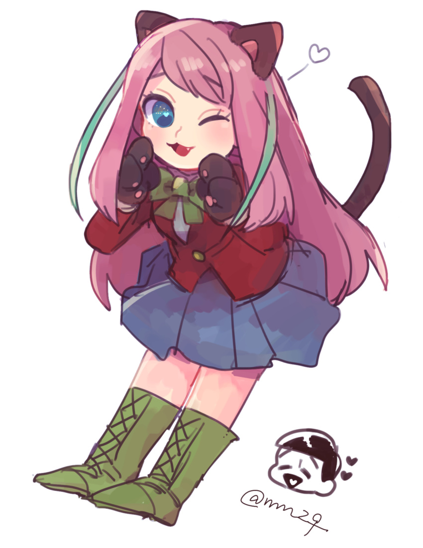 1boy 1girl animal_ears blue_eyes boots bow cat_ears cat_paws cat_tail cross-laced_footwear fang gloves hashimoto_nyaa heart highres lace-up_boots long_hair matsuno_choromatsu momoyo_(mm29) multicolored_hair osomatsu-kun osomatsu-san paw_gloves paws school_uniform simple_background skirt smile streaked_hair tail twitter_username white_background