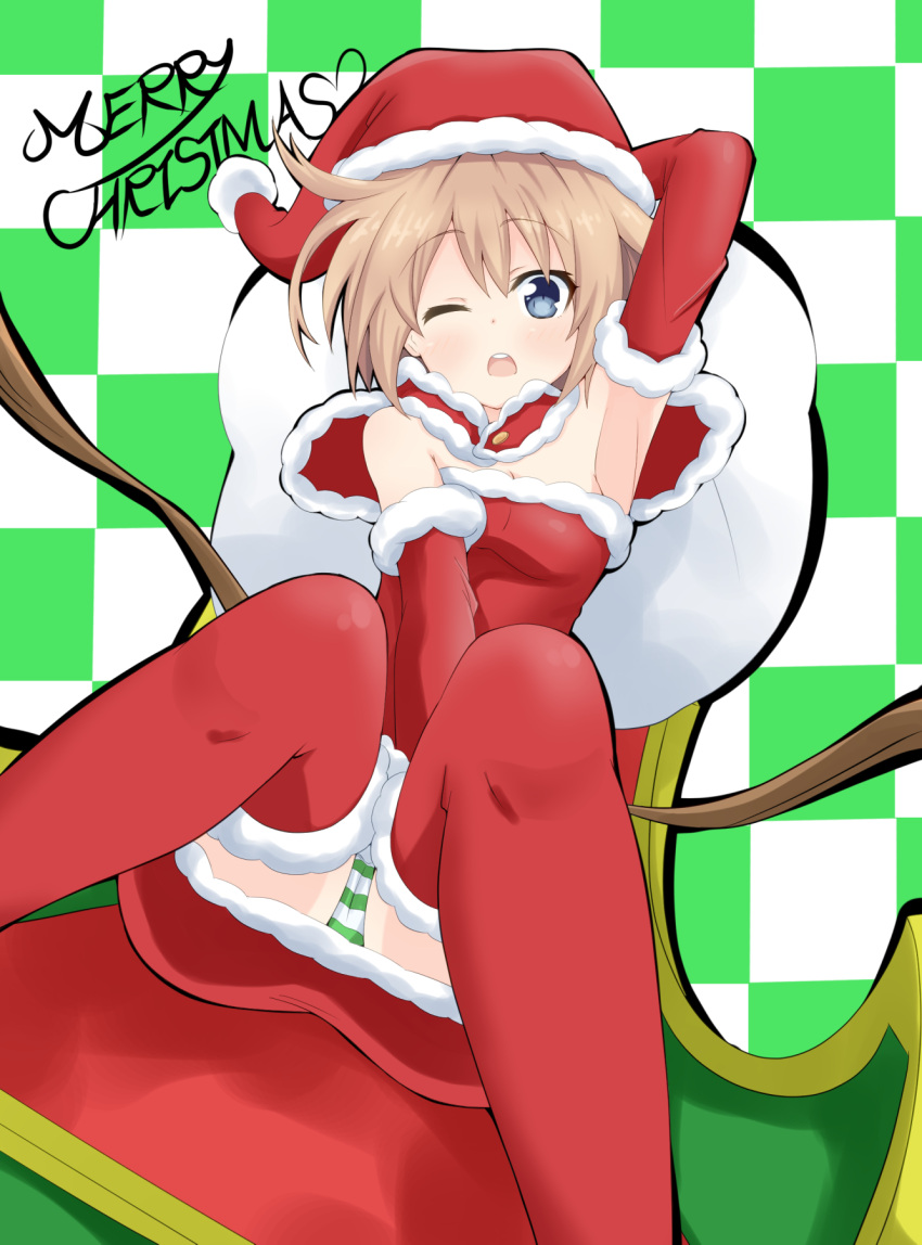 1girl antlers arm_behind_head arm_up armpits blanc blue_eyes brown_hair christmas hat highres looking_at_viewer mayou merry_christmas neptune_(series) one_eye_closed panties pantyshot reindeer_antlers sack santa_costume santa_hat short_hair solo striped striped_panties underwear