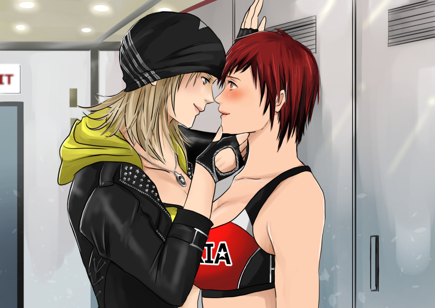 2girls absurdres against_wall alternate_costume beanie blonde_hair blue_eyes blush breasts casual chin_grab cleavage dead_or_alive eyelashes fingerless_gloves gloves hat hayame_(m_ayame) highres hood hood_down hooded_jacket incipient_kiss jacket jewelry large_breasts leather_jacket lips locker_room long_hair mila_(doa) multiple_girls necklace noses_touching pendant pink_eyes redhead same_height short_hair sports_bra tina_armstrong yuri