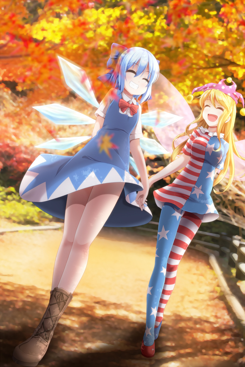 2girls :d ^_^ american_flag_dress american_flag_legwear autumn_leaves blonde_hair blue_hair bow cirno closed_eyes clownpiece evandragon fairy_wings grin hair_bow hair_ribbon hat highres holding_hands ice ice_wings jester_cap long_hair multiple_girls open_mouth ribbon short_hair smile touhou wings