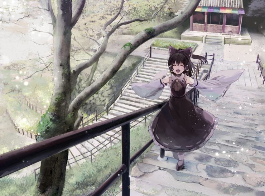 1girl ascot black_hair bow closed_eyes detached_sleeves hair_bow hair_tubes hakurei_reimu happy high_ponytail japanese_clothes long_hair miko moss open_mouth outdoors ribbon-trimmed_sleeves ribbon_trim shrine smile solo stairs touhou tree wide_sleeves yuki_(popopo)