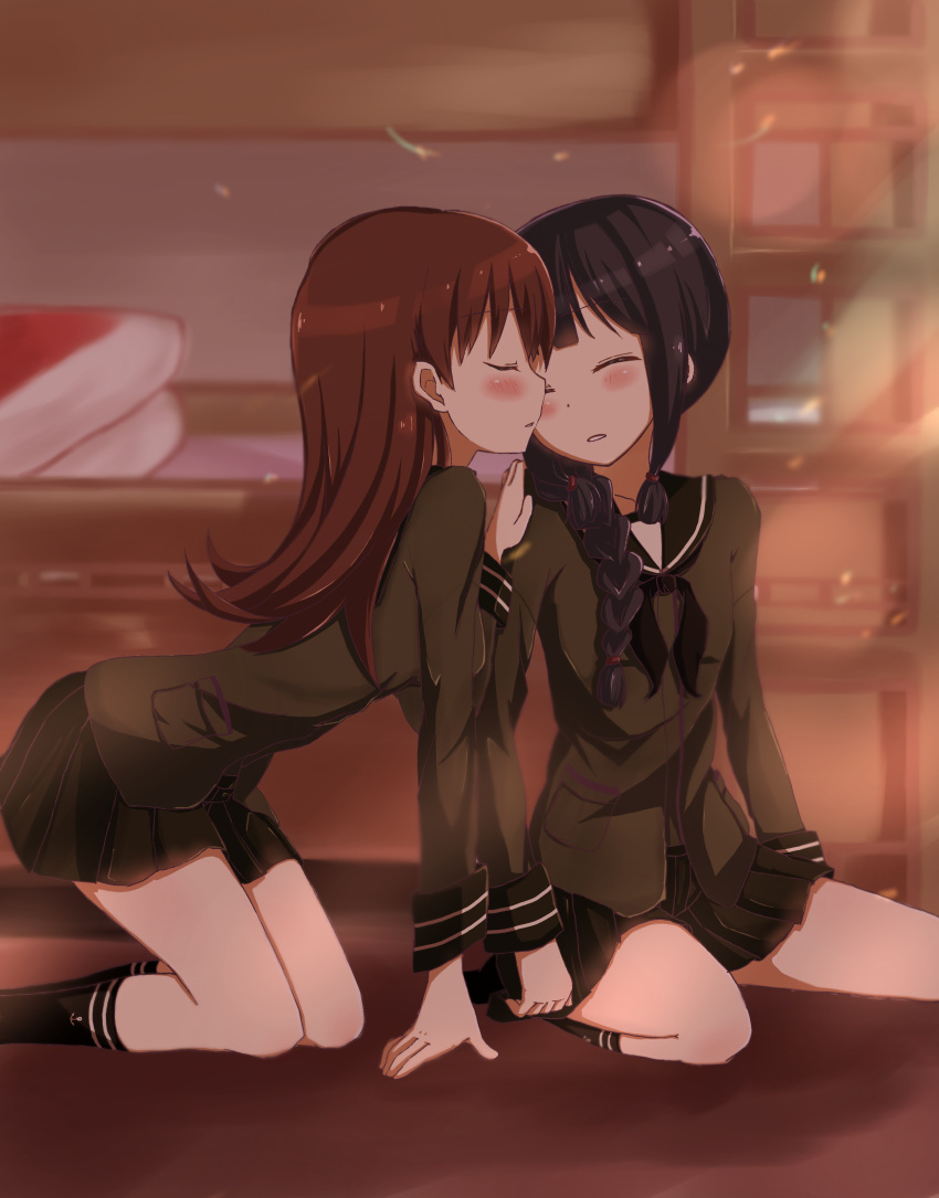 2girls absurdres akbskenmb48-40 anchor_symbol black_hair blush braid brown_hair closed_eyes commentary_request hand_on_another's_shoulder highres incipient_kiss kantai_collection kitakami_(kantai_collection) light_rays long_hair multiple_girls ooi_(kantai_collection) open_mouth single_braid skirt sleeping sunbeam sunlight window yuri