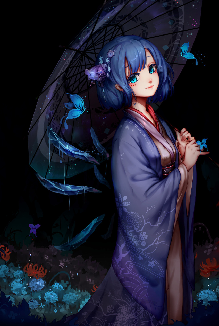 1girl alternate_costume blue_eyes blue_hair butterfly_on_hand cirno darkness floral_print flower hair_flower hair_ornament highres ice ice_wings japanese_clothes kimono kiyomasa_ren looking_at_viewer oriental_umbrella smile solo touhou umbrella wide_sleeves wings
