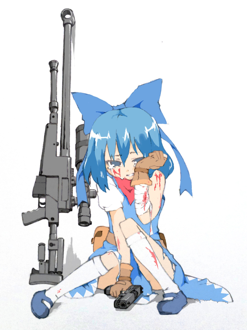 1girl absurdres anti-materiel_rifle bdsm blood blood_on_face bloody_clothes blue_dress blue_eyes blue_hair bondage bound bow cirno dress fingerless_gloves gloves gun hair_bow handgun highres ice ice_wings open_mouth pgm_hecate_ii pistol ribbon rifle ru_bibi scarf short_hair sniper_rifle solo tears touhou weapon wings