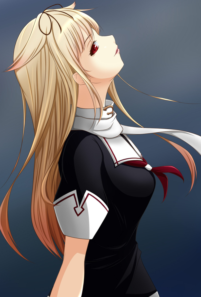1girl blonde_hair highres kantai_collection long_hair looking_at_viewer red_eyes school_uniform solo yuudachi_(kantai_collection)