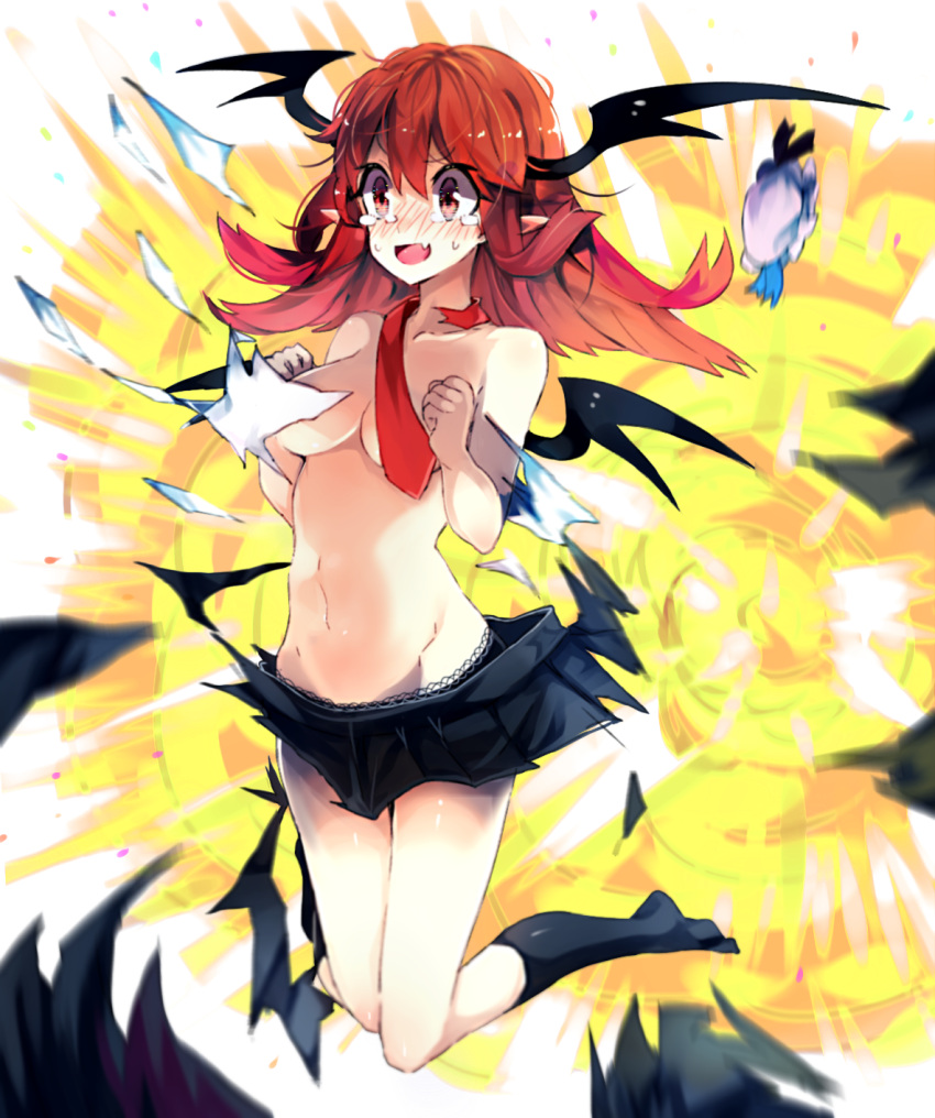 1girl bat_wings bei_mochi black_legwear black_panties blush breasts convenient_censoring explosion fang head_wings highres koakuma navel necktie no_bra open_mouth panties pointy_ears red_eyes red_necktie redhead skirt smile solo tears torn_clothes torn_skirt touhou underwear wings