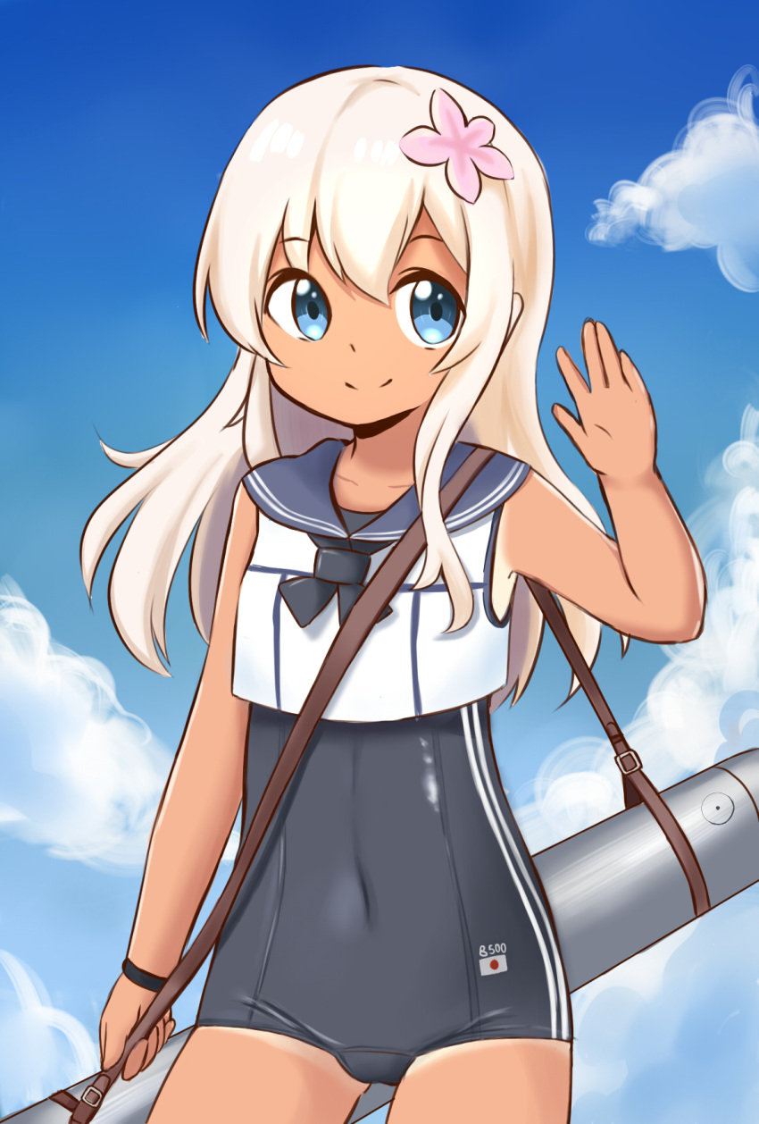 1girl blonde_hair blue_eyes crop_top flower hair_flower hair_ornament highres kantai_collection kiroroqwq one-piece_tan ro-500_(kantai_collection) sailor_collar school_swimsuit swimsuit swimsuit_under_clothes tan tanline torpedo waving