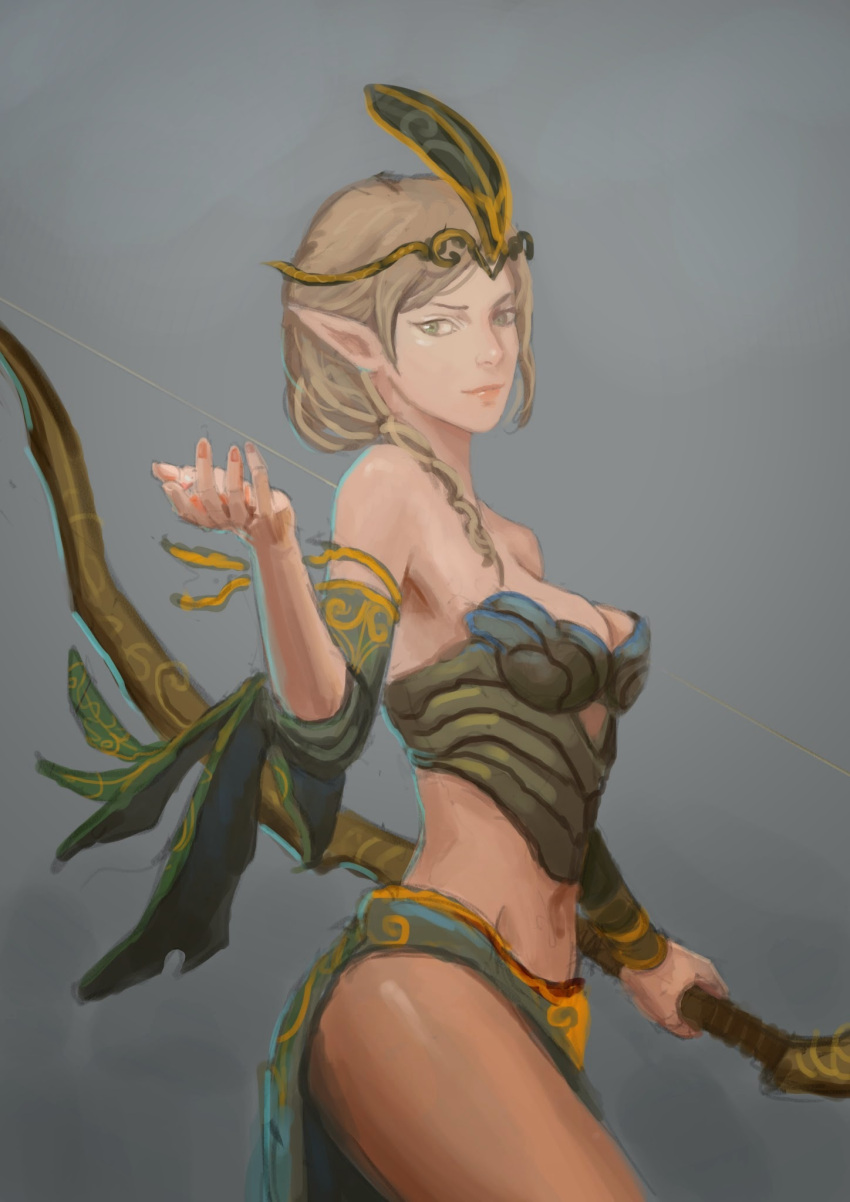 1girl arm_ribbon bare_shoulders blue_eyes bow_(weapon) braid breasts brown_hair circlet cleavage detached_sleeves elf ernesto_irawan grey_background hair_over_shoulder highres lips midriff nose original outstretched_hand pointy_ears ribbon sarong single_braid solo underbust weapon