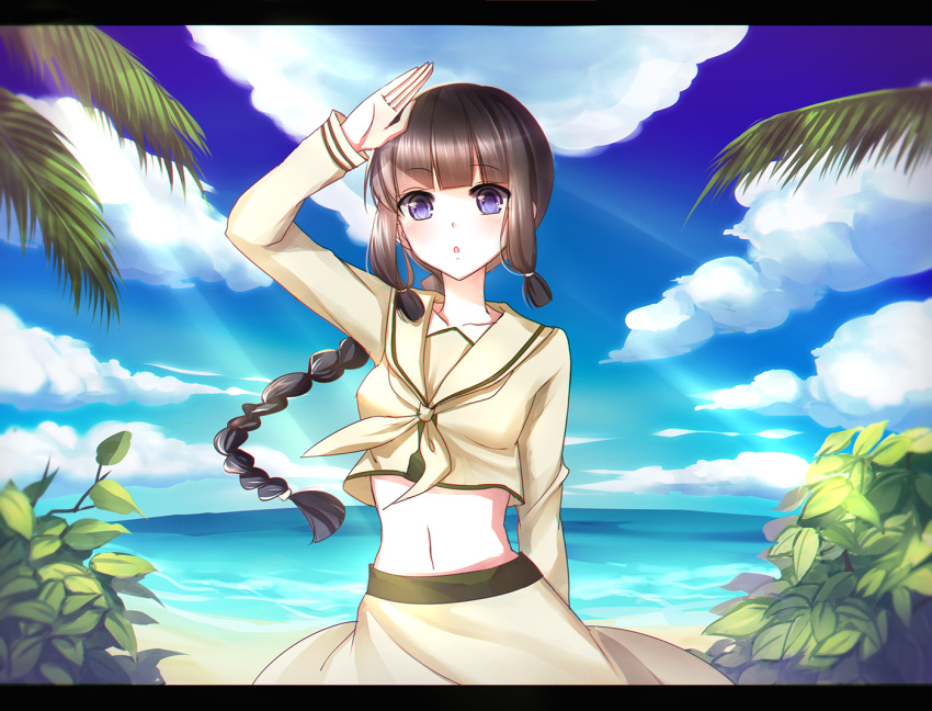 1girl beach black_hair blue_eyes braid kantai_collection kitakami_(kantai_collection) long_hair meaomao navel outdoors palm_tree sky solo tree