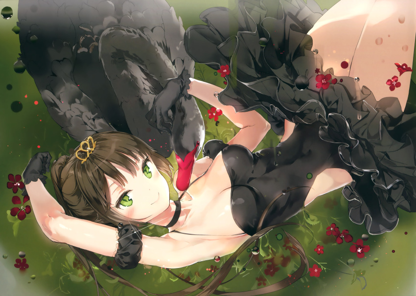 1girl absurdres anmi armpits arms_up bare_shoulders bird black_dress black_gloves black_hair blush breasts choker cleavage dress gloves green_eyes highres jewelry long_hair lying on_back original ponytail scan solo swan tiara
