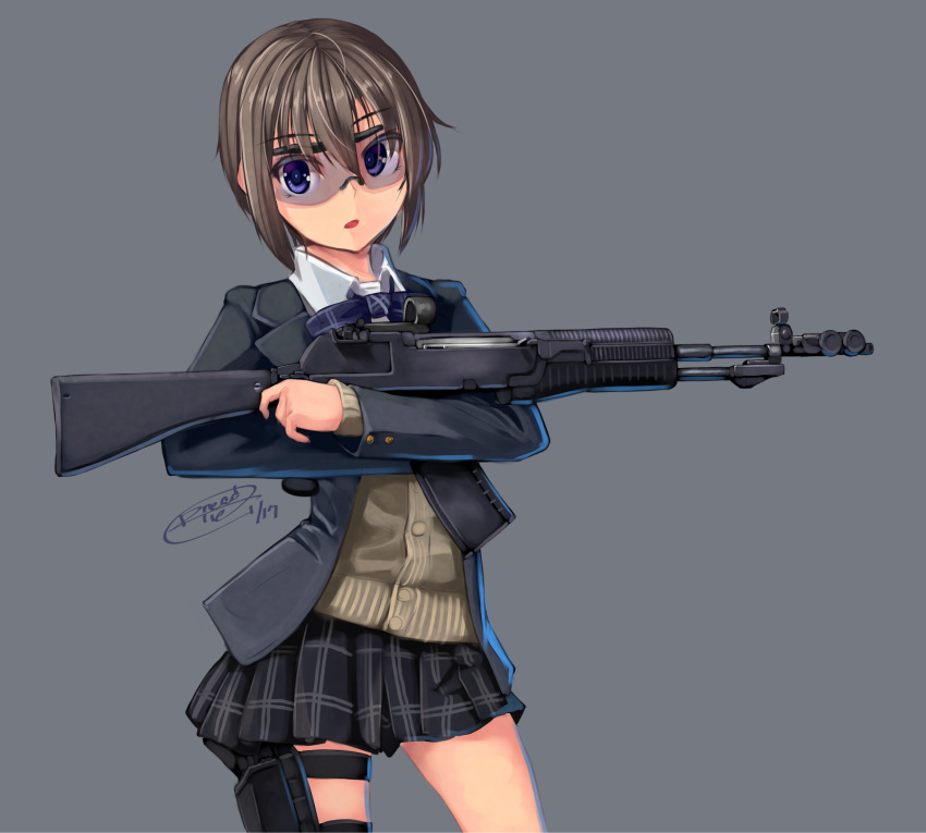 1girl an-94 assault_rifle blue_eyes brown_hair dreadtie goggles gun highres holster original rifle safety_glasses school_uniform short_hair simple_background solo thigh_holster weapon