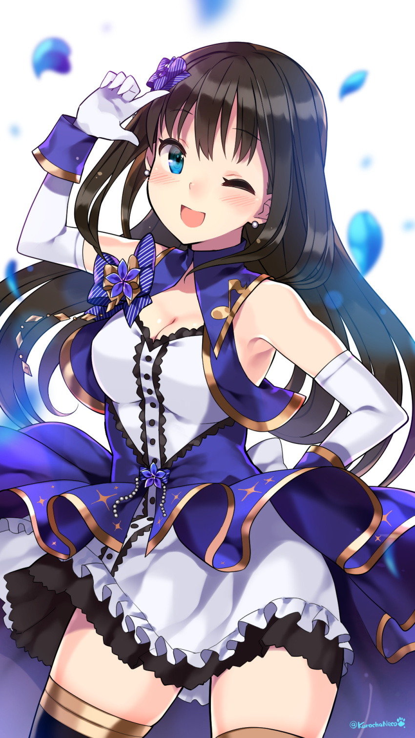 1girl bare_shoulders blue_eyes blush breasts brown_hair gloves highres idolmaster idolmaster_cinderella_girls idolmaster_cinderella_girls_starlight_stage kuro_chairo_no_neko long_hair looking_at_viewer one_eye_closed open_mouth shibuya_rin solo stage_of_magic