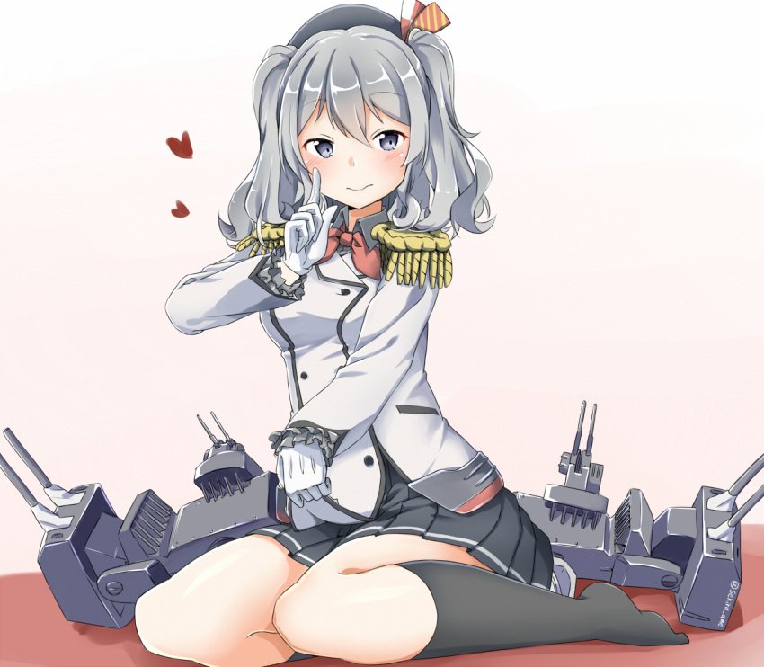 1girl black_legwear blue_eyes epaulettes frilled_sleeves frills gloves grey_eyes grey_skirt kantai_collection kashima_(kantai_collection) kneehighs machinery military military_uniform no_shoes pleated_skirt sekiraame sidelocks silver_hair simple_background sitting skirt solo twintails uniform v wavy_hair white_background white_gloves yokozuwari