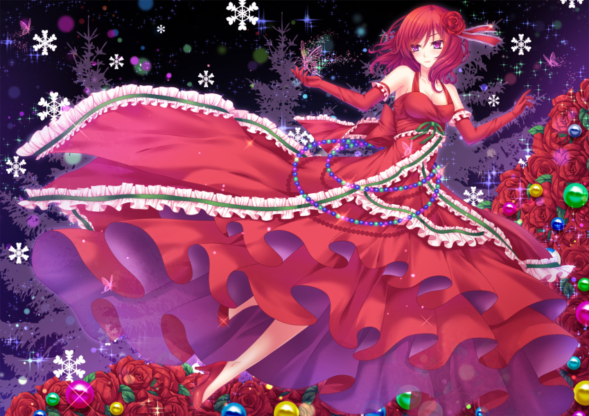 1girl breasts cleavage dress elbow_gloves flower gloves hair_flower hair_ornament hair_ribbon highres love_live!_school_idol_project nishikino_maki red_dress red_gloves redhead ribbon solo toshi_(1-147) violet_eyes