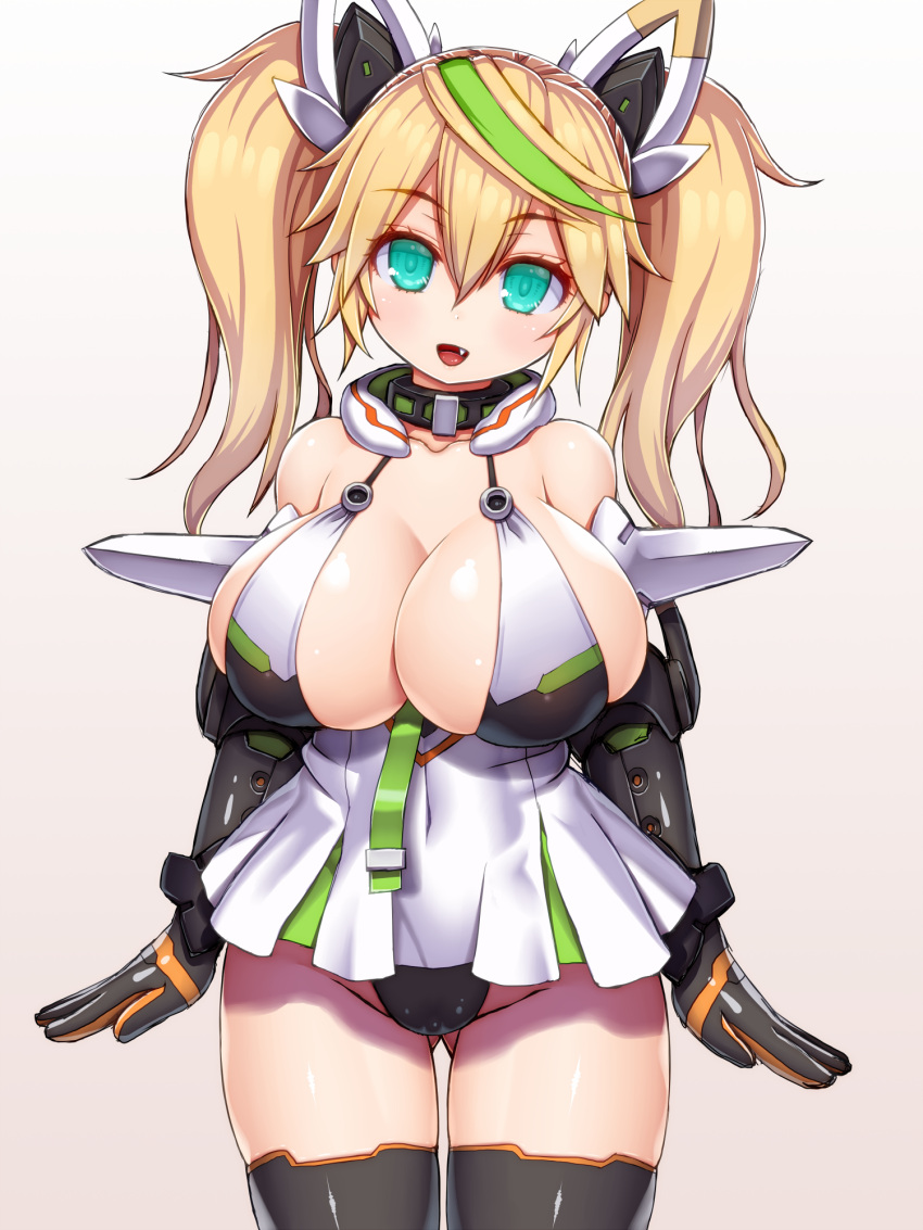 1girl aqua_eyes asamura_hiori bare_shoulders black_panties blonde_hair blush breasts elbow_gloves fang gen&eacute;_(pso2) gloves green_hair hair_between_eyes highres huge_breasts long_hair looking_at_viewer multicolored_hair open_mouth panties phantasy_star phantasy_star_online_2 smile solo thigh-highs twintails underwear