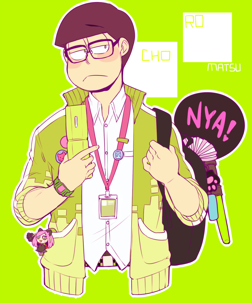 1boy :&lt; bespectacled blush_stickers brown_hair buttons cat_paw cellphone character_name fan glasses glowstick green_eyes half-closed_eyes hashimoto_nyaa highres jacket looking_away male_focus matsuno_choromatsu nyaph open_clothes open_jacket osomatsu-kun osomatsu-san phone watch watch