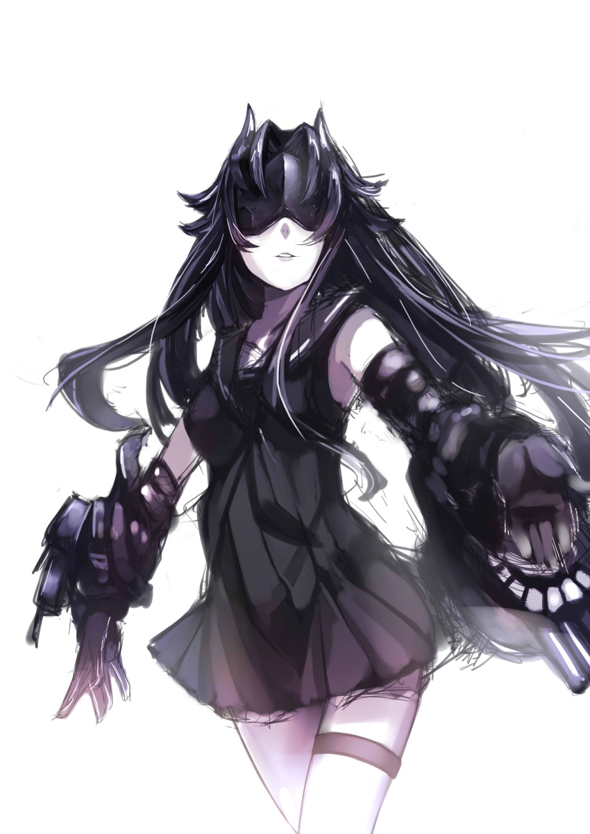 1girl absurdres bangs bare_shoulders black_dress black_gloves black_hair blindfold bright_background cannon covered_eyes dress elbow_gloves gloves highres horns kantai_collection light_cruiser_hime long_hair looking_at_viewer mask pale_skin parted_bangs shinkaisei-kan simple_background solo teeth turret white_background white_skin yan_wen_zi