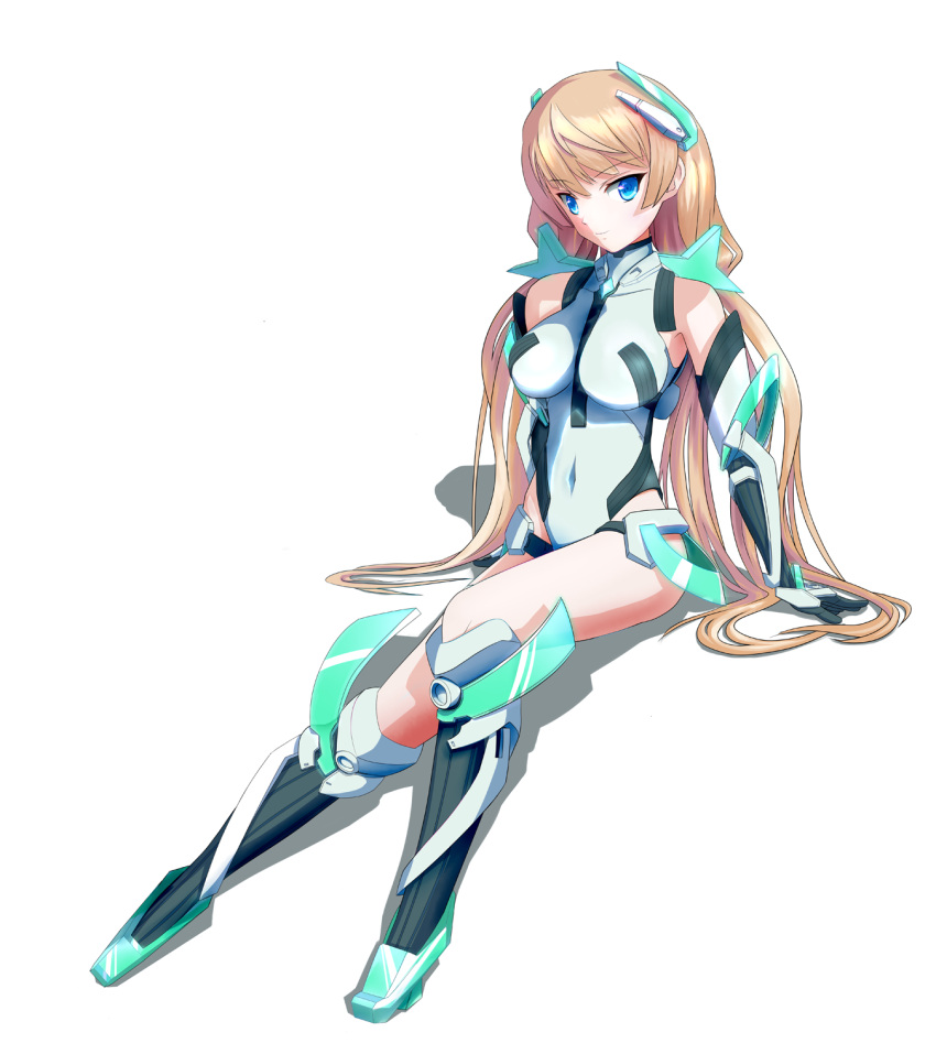 1girl alpha_spica angela_balzac bare_shoulders blonde_hair blue_eyes breasts covered_navel crossed_legs elbow_gloves full_body gloves hair_ornament hairclip headgear highres large_breasts leotard long_hair looking_at_viewer low_twintails rakuen_tsuihou shadow simple_background sitting smile solo thigh_strap twintails very_long_hair white_background