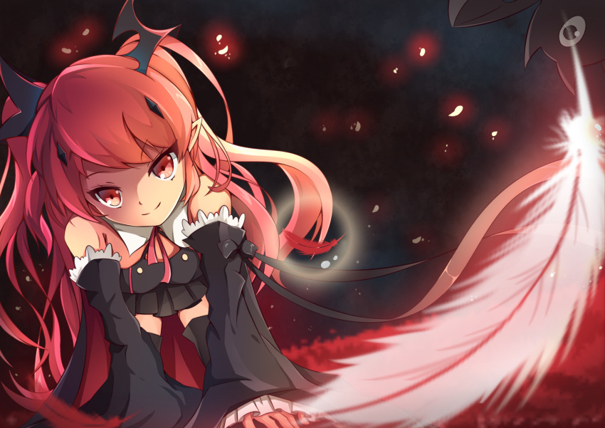 1girl black_legwear black_skirt detached_sleeves feathers hair_ornament highres krul_tepes long_hair owari_no_seraph pleated_skirt red_eyes redhead si_xia_daze skirt smile solo thigh-highs