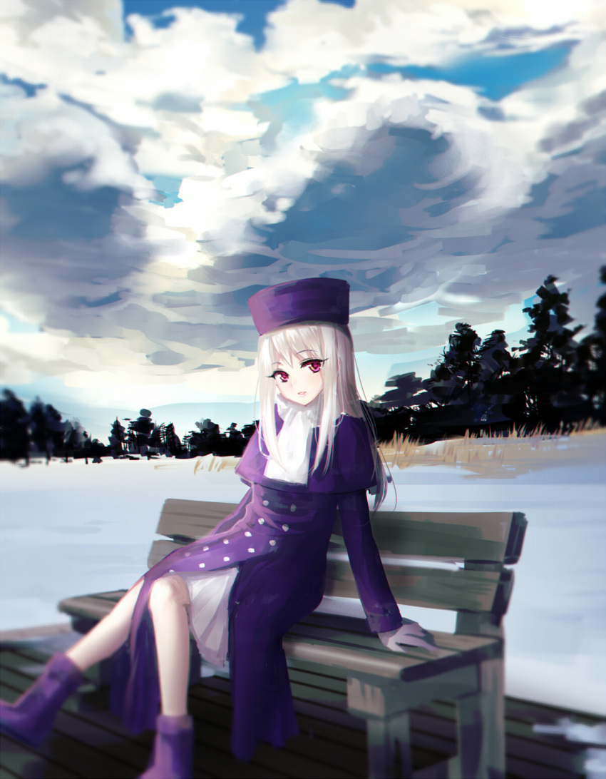 1girl fate/stay_night fate_(series) hat highres illyasviel_von_einzbern long_hair meaomao outdoors pleated_skirt red_eyes silver_hair sitting skirt solo white_skirt