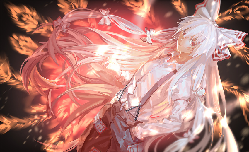 1girl albino black_background blurry bow burning_hand closed_mouth collared_shirt depth_of_field dress_shirt feathers fire fujiwara_no_mokou hair_bow hand_in_pocket light_frown long_hair long_sleeves looking_at_viewer multi-tied_hair ofuda pants red_eyes red_pants rff_(3_percent) shirt silver_hair solo suspenders touhou very_long_hair white_bow white_hair white_shirt