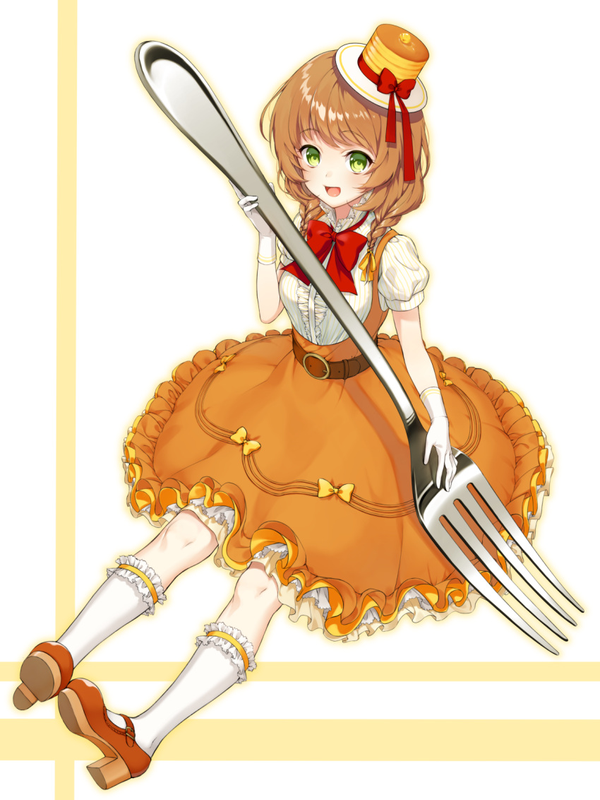 1girl :d bow braid brown_hair brown_shoes food_themed_clothes fork frilled_skirt frills full_body gloves green_eyes hat hat_bow highres kneehighs looking_at_viewer morinaga_(brand) open_mouth orange_skirt original oversized_object pancake personification red_bow shoes short_hair skirt smile solo tokki twin_braids white_gloves white_legwear