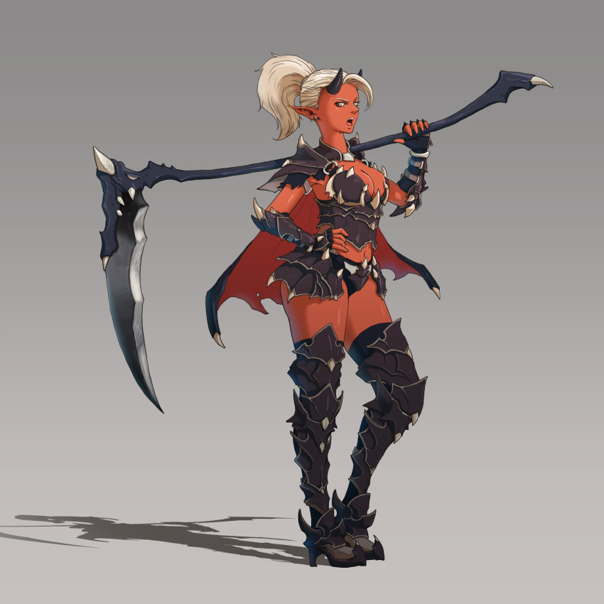 1girl armor bikini_armor black_legwear blonde_hair breasts cape cleavage demon_girl demon_horns earrings ernesto_irawan faulds fingerless_gloves forehead full_body gloves greaves grey_background hand_on_hip highres horns jewelry over_shoulder pauldrons pointy_ears ponytail red_skin scythe solo thigh-highs valiant_force weapon weapon_over_shoulder yellow_eyes