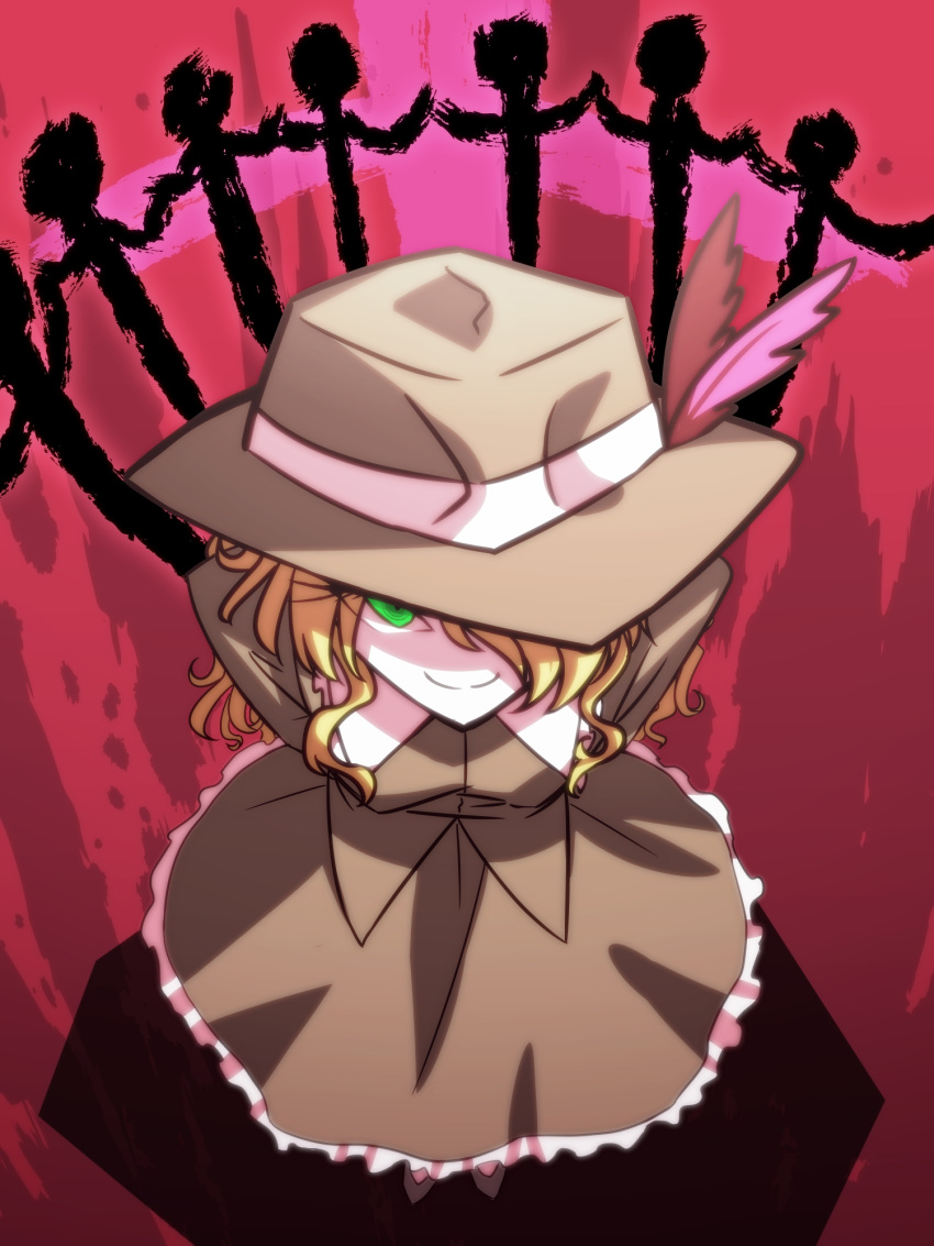 1girl arms_behind_head artist_request blonde_hair brown_dress brown_hat cross dolls_in_pseudo_paradise dress evil_smile extra fedora from_above full_body green_eyes hair_over_one_eye hat hat_feather highres hourai_doll long_sleeves looking_at_viewer looking_up nail silhouette smile smirk standing touhou