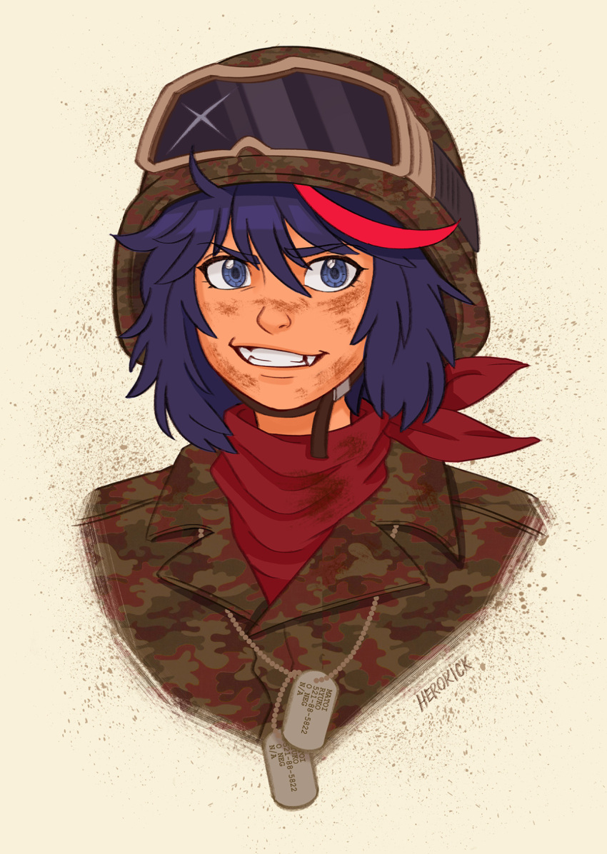 bandana blue_eyes camouflage dirty_face dog_tags goggles helmet herokick highres injury kill_la_kill matoi_ryuuko multicolored_hair smile streaked_hair upper_body