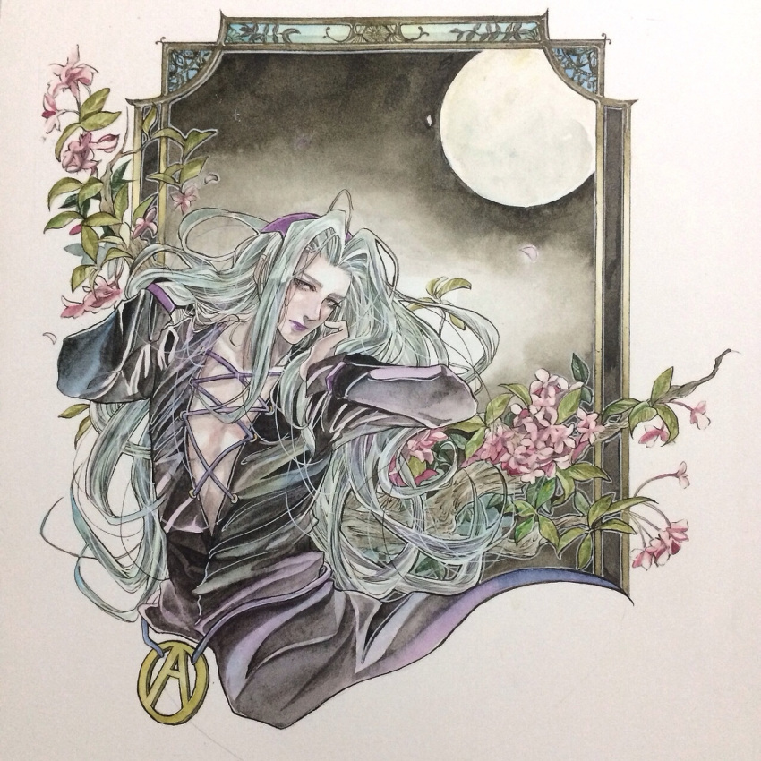 1boy flower grey_hair hat highres jojo_no_kimyou_na_bouken leone_abbachio lipstick long_hair makeup male_focus moon petals purple_lipstick sata_hatoko scan solo traditional_media upper_body violet_eyes