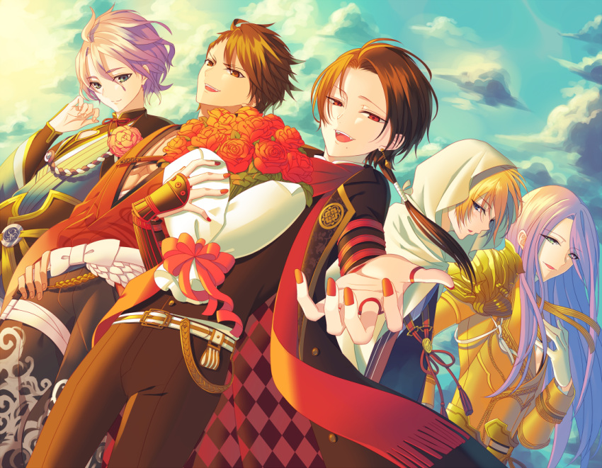 5boys armor bitikara blonde_hair blue_eyes bouquet brown_eyes brown_hair clouds cloudy_sky dutch_angle earrings flower hachisuka_kotetsu hood japanese_clothes jewelry kasen_kanesada kashuu_kiyomitsu male_focus mole mole_under_mouth multiple_boys mutsu-no-kami_yoshiyuki nail_polish open_mouth ponytail purple_hair red_eyes rose scarf sky smile touken_ranbu yamanbagiri_kunihiro