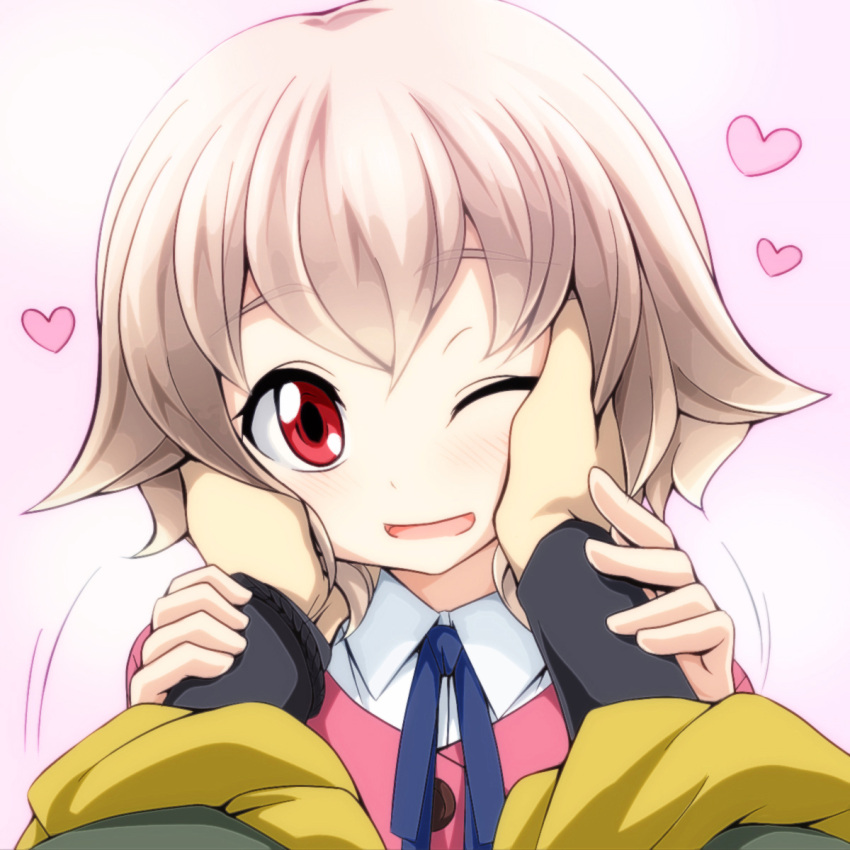 1girl atra_mixta bangs blue_ribbon blush brown_hair cheek_squash close-up gundam gundam_tekketsu_no_orphans hands_on_another's_cheeks hands_on_another's_face heart highres long_sleeves one_eye_closed open_mouth pink_background red_eyes ribbon short_hair simple_background smile watarui
