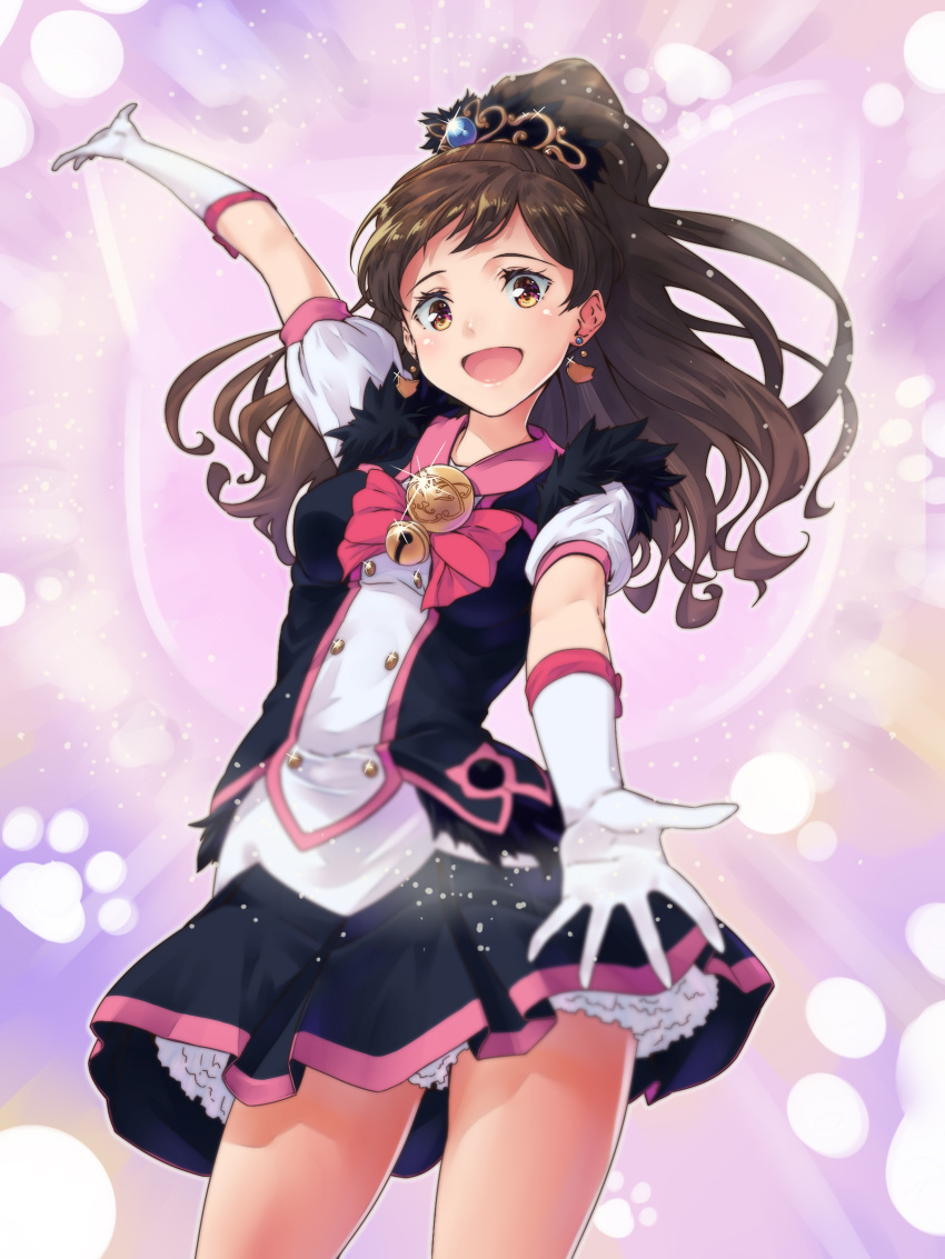 1girl absurdres brown_eyes brown_hair elbow_gloves gloves highres idolmaster idolmaster_million_live! k.sho kitazawa_shiho long_hair looking_at_viewer open_mouth ponytail smile solo tiara