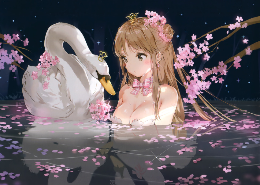 1girl absurdres anmi bare_shoulders bird blush breasts brown_eyes brown_hair cherry_blossoms cleavage crown dress earrings flower hair_bun hair_flower hair_ornament highres jewelry long_hair mini_crown neck_ribbon original partially_submerged ribbon scan solo swan water white_dress