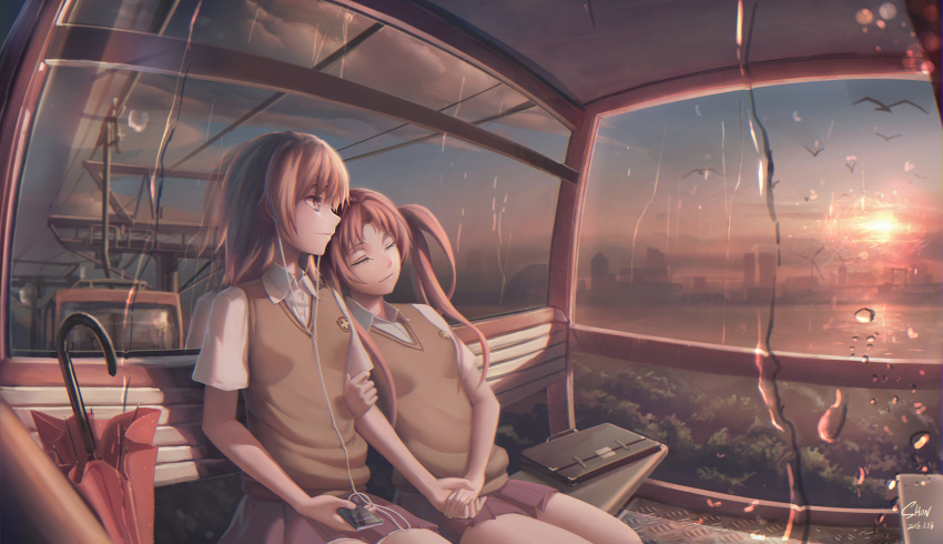 2016 2girls after_rain animal arm_holding artist_name bangs bird blurry bokeh briefcase brown_hair building cable cable_car closed_eyes closed_mouth closed_umbrella clouds collared_shirt crescent_moon dated depth_of_field digital_media_player dress_shirt earphones floor glass hair_ornament hairpin highres holding_hands leaning_on_person leaning_to_the_side light_smile looking_away miniskirt misaka_mikoto moon multiple_girls parted_bangs pink_hair pleated_skirt rain reflection river school_uniform shade shirai_kuroko shirt shon short_sleeves signature sitting skirt sky sleeping sun sunset sweater_vest to_aru_kagaku_no_railgun to_aru_majutsu_no_index tree twintails umbrella vehicle_interior water water_drop white_shirt