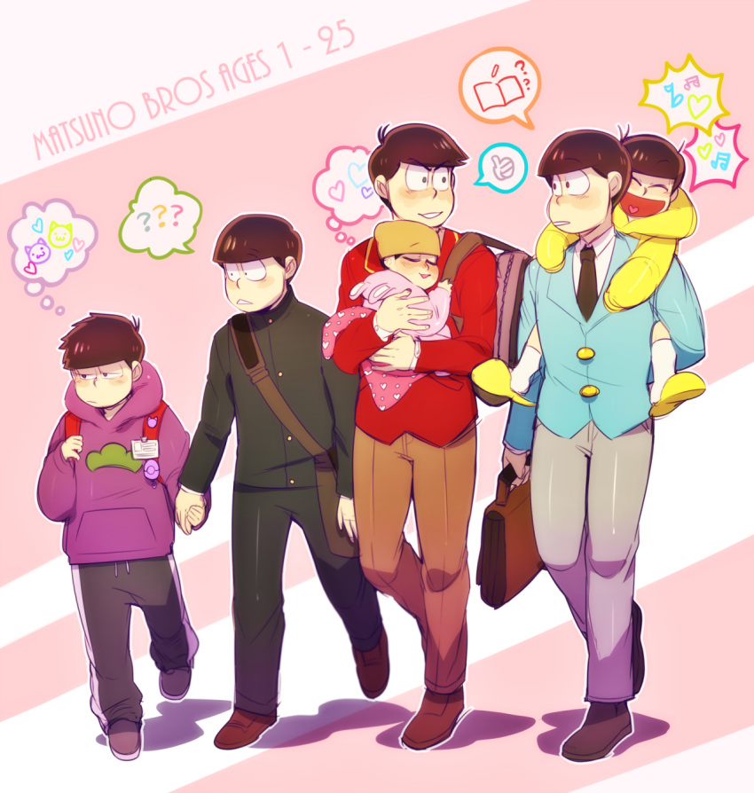 6+boys baby backpack bag beanie blanket blue_eyes book_bag brothers brown_hair carrying cat child closed_eyes f6 formal gakuran green_eyes hat heart heart_in_mouth highres holding holding_hands looking_at_another mat matsuno_choromatsu matsuno_ichimatsu matsuno_juushimatsu matsuno_karamatsu matsuno_osomatsu matsuno_todomatsu multiple_boys musical_note nyaph on_shoulder osomatsu-kun osomatsu-san pants red_eyes school_uniform siblings sleeping smile suit thinking thumbs_up track_pants triangle_mouth violet_eyes younger