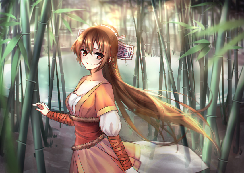 1girl bamboo bamboo_forest black_hair breasts brown_eyes brown_hair cleavage forest hair_ornament long_hair looking_at_viewer meaomao nature original outdoors solo