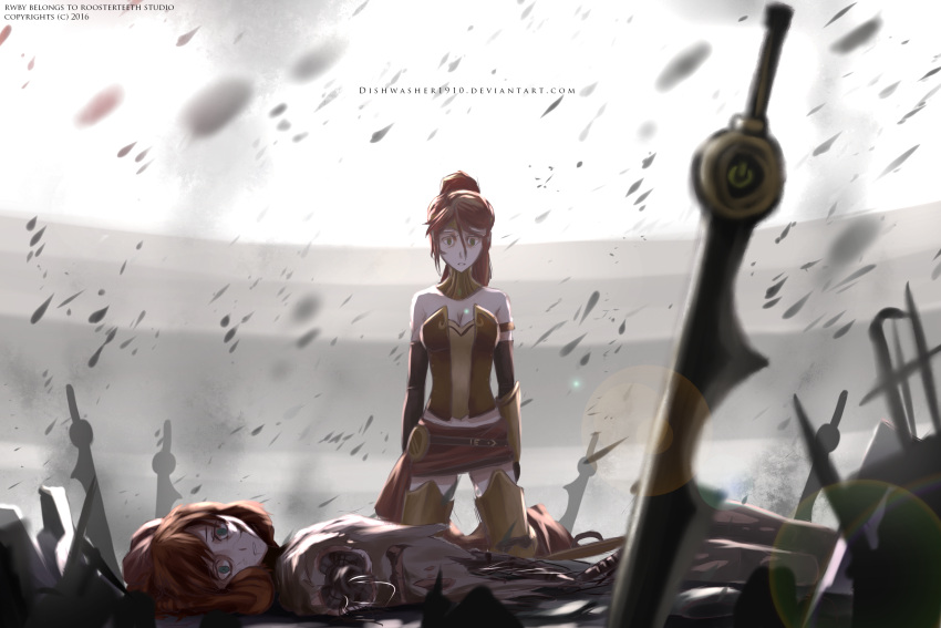 2016 arm_guards armlet armor armored_boots artist_name bare_shoulders belt black_gloves blood boots breasts cleavage corpse cowboy_shot death detached_collar dishwasher1910 dismemberment dust elbow_gloves expressionless gloves green_eyes hair_between_eyes hair_bun highres lens_flare lying miniskirt on_back orange_hair penny_polendina pyrrha_nikos redhead robot rwby skirt sword thigh-highs thigh_boots watermark weapon web_address